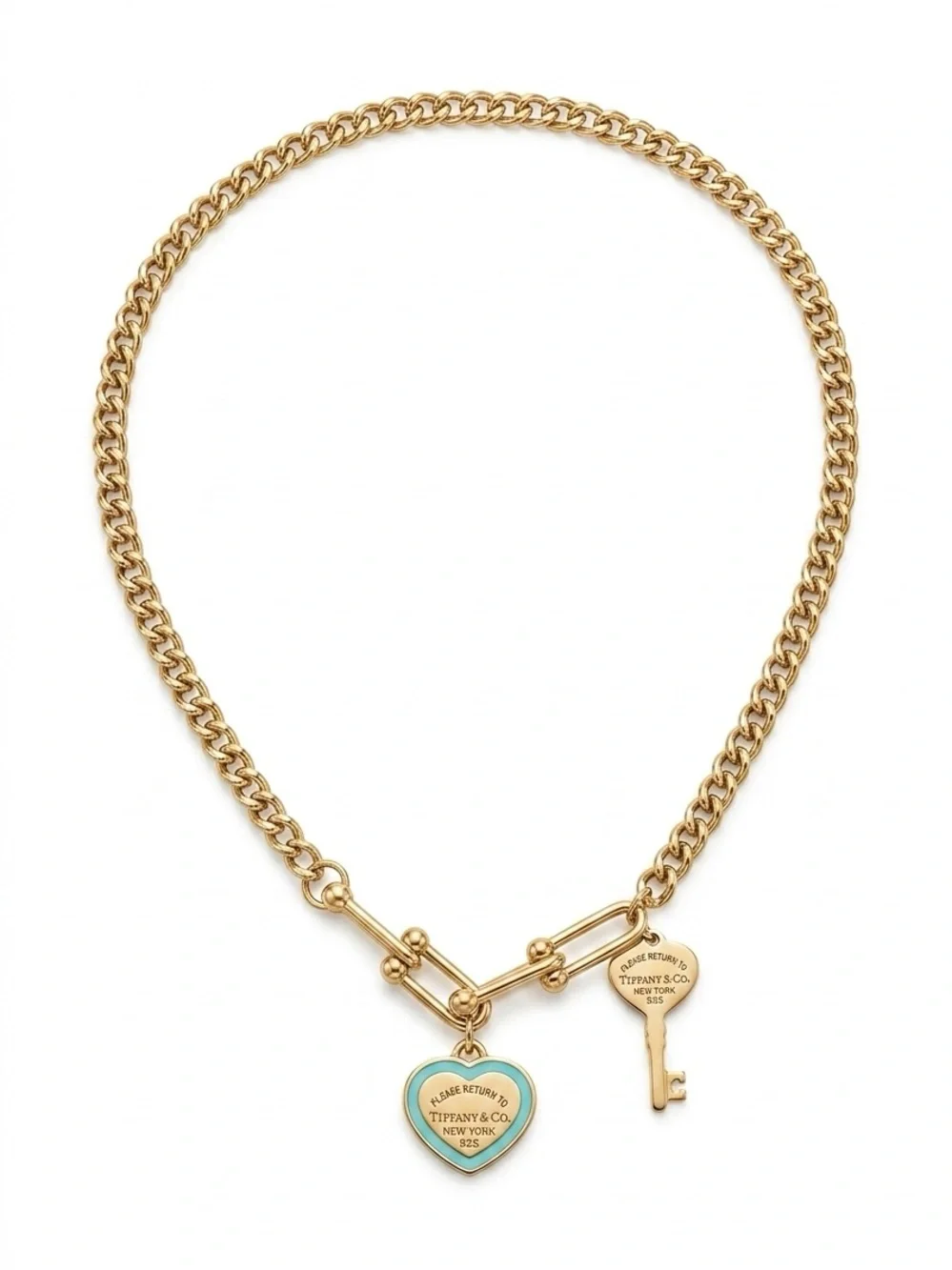 Stainless steel gold toned Heart and Key Pendant Necklace with Turquoise Enamel